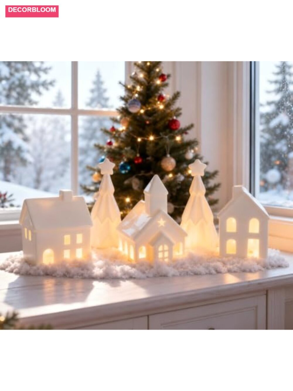 5-Piece Ceramic Christmas Village Set Lighted Houses Pine Trees Holiday Decor